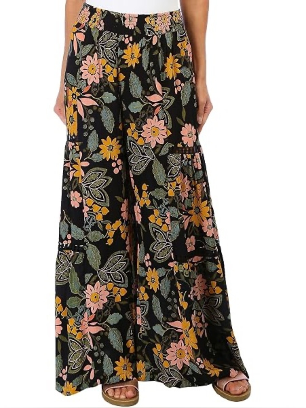Angie Wide Leg Floral Pants in Black with Pink & Yellow Flowers